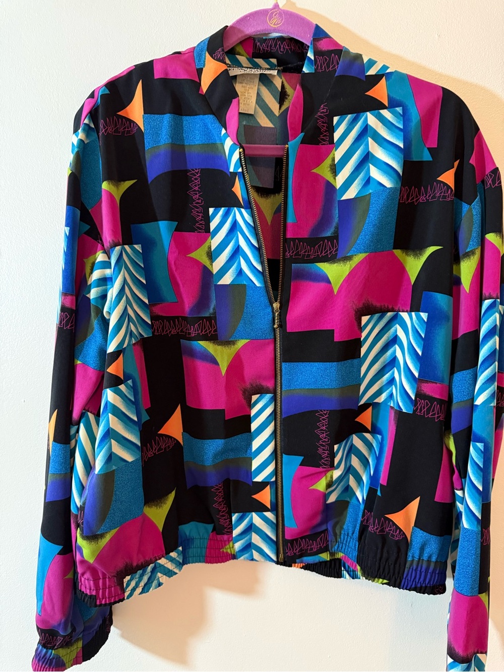 Vintage Colorful Abstract Print Bomber Jacket - Black/Magenta/Blue -
